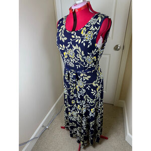 Women's NINA LEONARD XL Navy Blue Yellow Floral Sleeveless Maxi Dress
